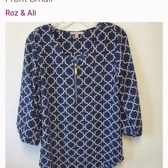 Roz & Ali navy print popover blouse Women’s Large Roll tab 3/4 sleeve, half zip - Picture 1 of 7